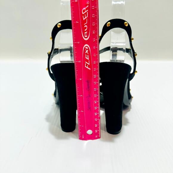 Gucci Sandals 37 /US 7 Black Suede Leather Gold Studded T-Strap High Heel - Picture 7 of 10